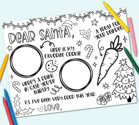 Milk and Cookies for Santa Printable Placemat, Dear Santa Coloring Placemat, Printable Christmas Placemat for Kids, Holiday Activity Mat