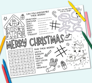 Christmas Activity Placemat, Christmas Coloring Placemat, Printable Christmas Placemat for Kids, Holiday Activity Mat