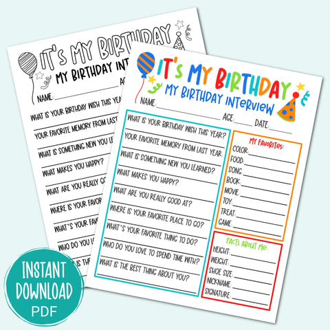 Birthday Interview - Printable Birthday Interview - Birthday Keepsake - Birthday Questions - Birthday Questionnaire - Birthday PDF